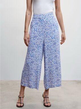 Mango Blue and White Floral Print Culotte Trousers